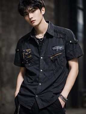 Men’s Black Streetwear Utility Button Up Shirt Y2K Gothic Punk Zipper Large